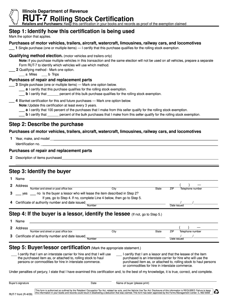  Rut 7 Rolling Stock Certification  Form 2009