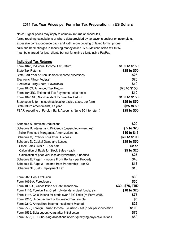 Tax Year Prices Per Form for Tax Preparation, in US Dollars