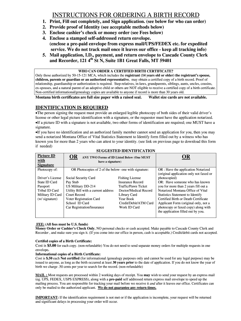 MONTANA BIRTH CERTIFICATE APPLICATION Cascadecountymt  Form