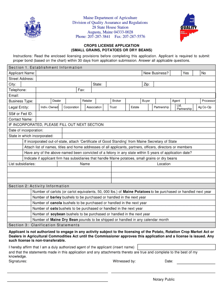 Small Grains Potatoes or Dry Beans License Application Form