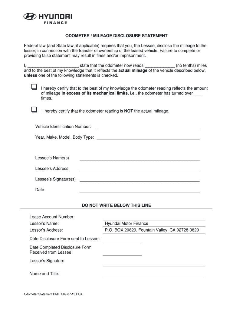 Hyundai Odometer Disclosure Statement  Form