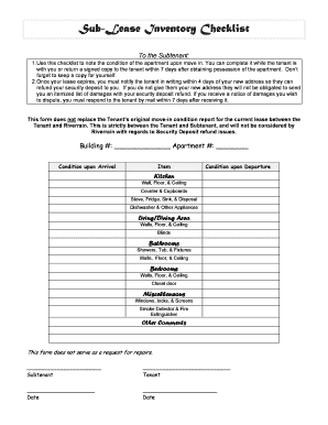 Sublease Inventory Checklist  Form