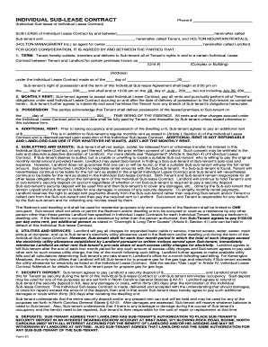 INDIVIDUAL SUB LEASE CONTRACT Holton Mountain Rentals  Form