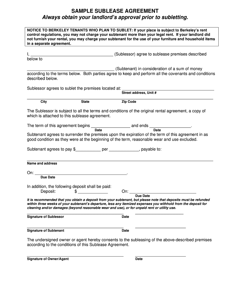 Fill Get the Printable Lease Agreement Form Sublease