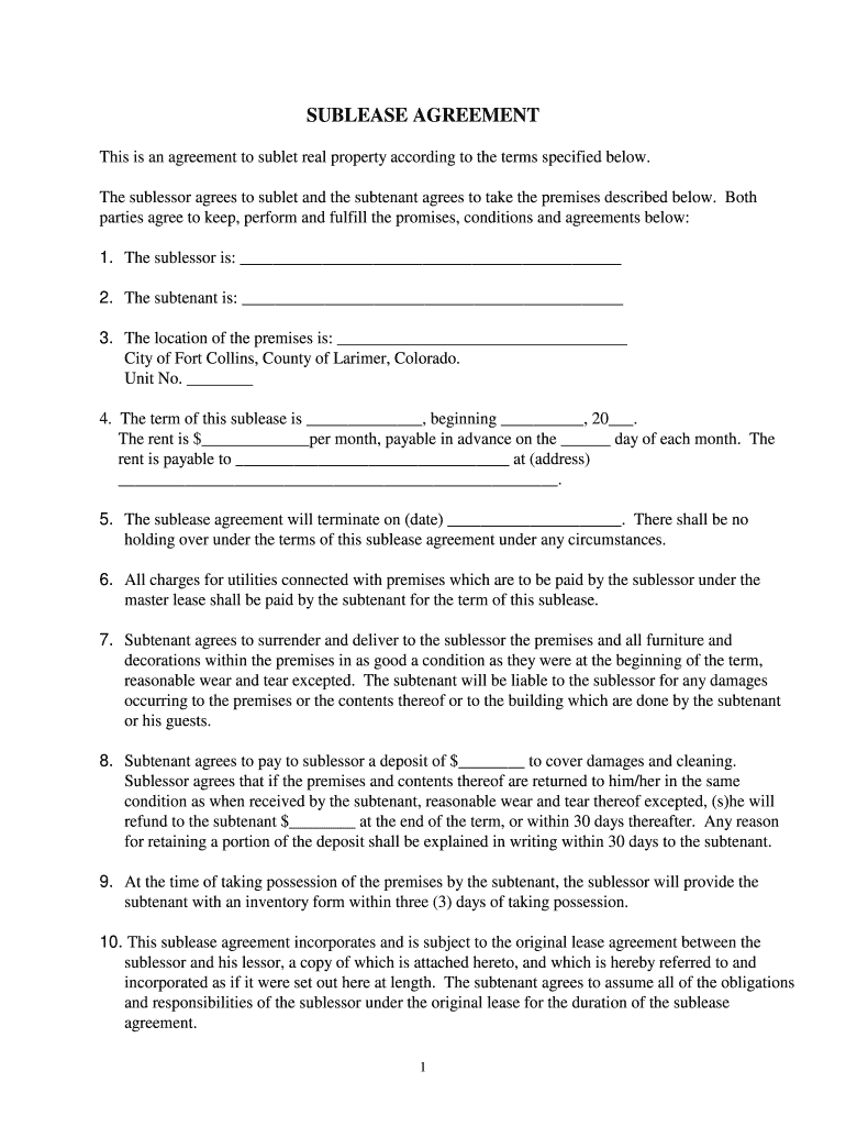 SUBLEASE AGREEMENT  Form