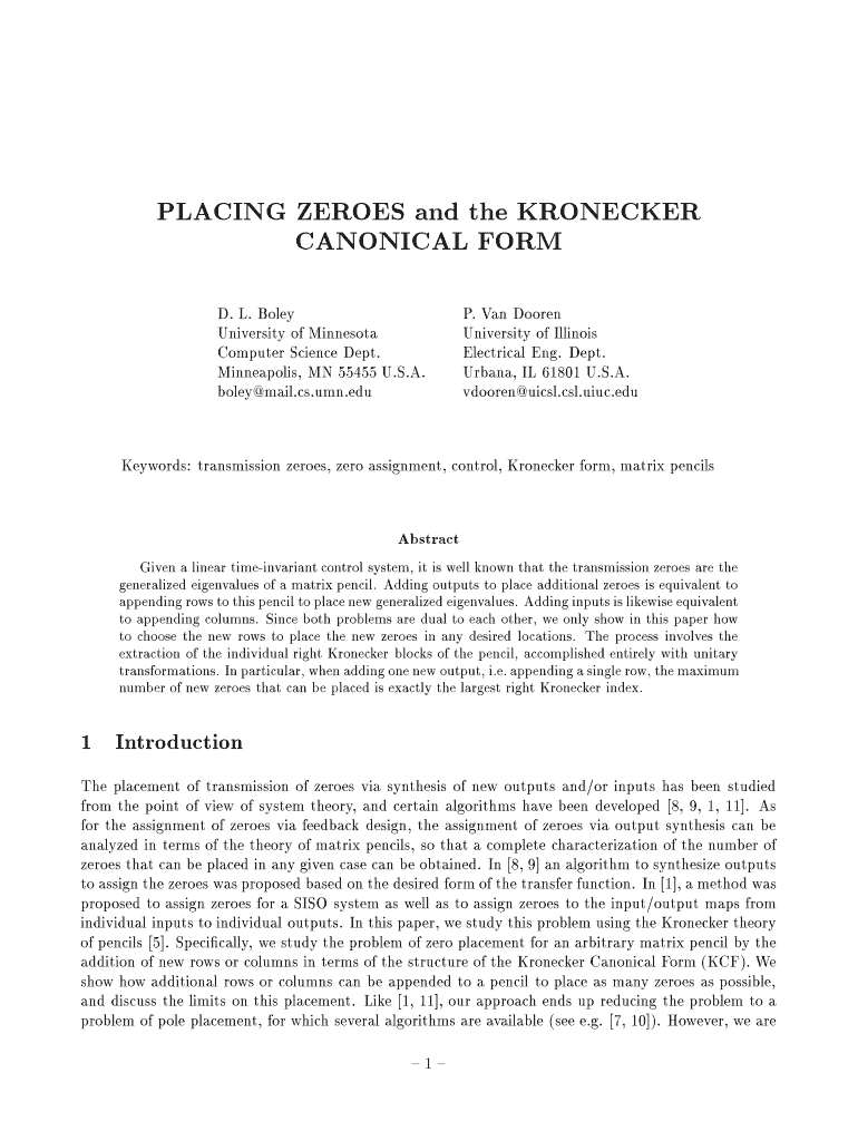 PLACING ZEROES and the KRONECKER CANONICAL FORM Www Users Cs Umn