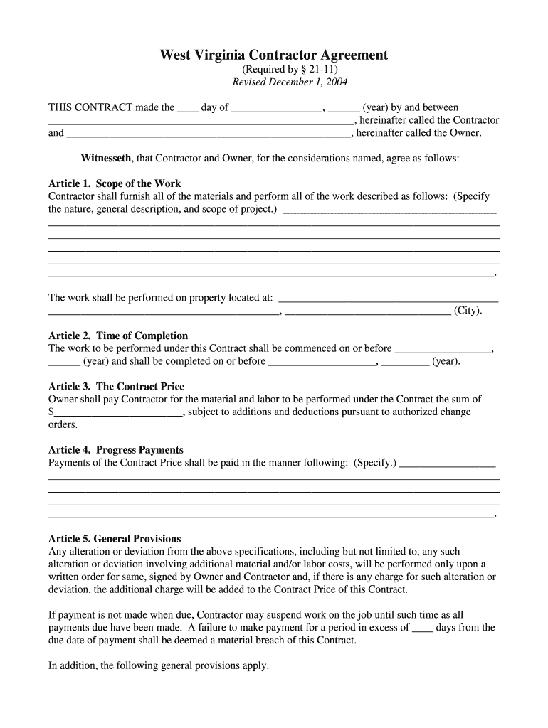  West Virginia Contractor Agreement 2004-2024