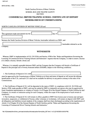 COMMERCIAL DRIVER TRAINING SCHOOL CERTIFICATE of  Form