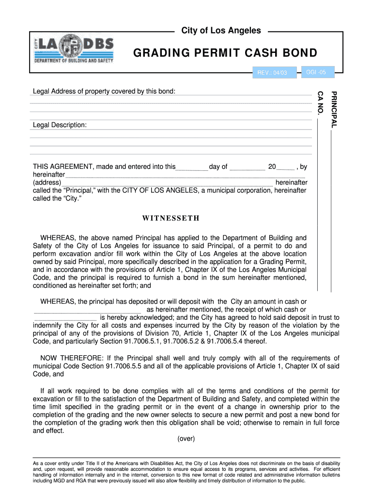 GRADING PERMIT CASH BOND  Ladbs  Form