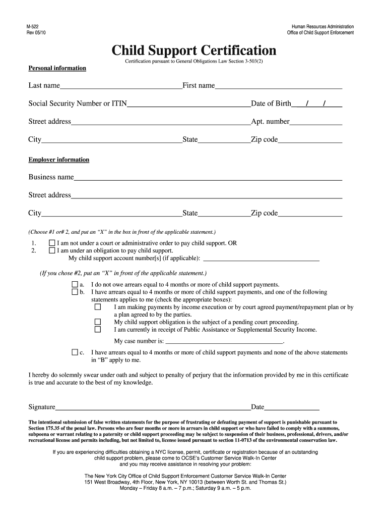  Child Support Certification Form 2010-2024
