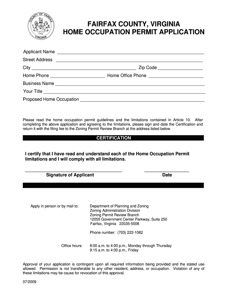  Occupancy Permit Application Form for Fairfax County 2009