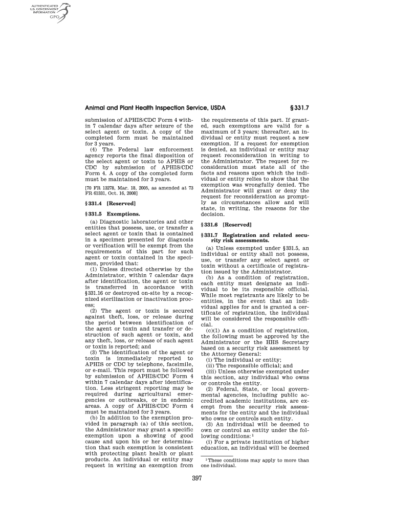 Animal and Plant Health Inspection Service, USDA Submission of APHISCDC Form 4 within 7 Calendar Days After Seizure of the Selec