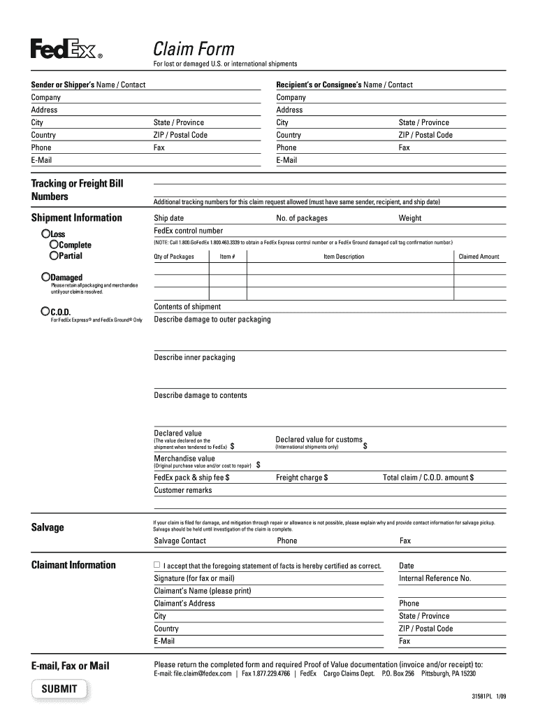 Fedex Claims Online  Form