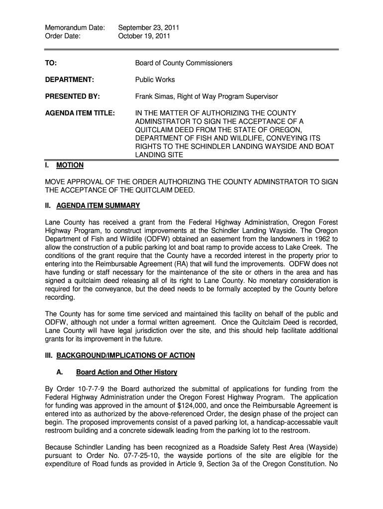 Memorandum Date Order Date September 23, October 19, to Board of County Commissioners DEPARTMENT Public Works PRESENTED by Frank  Form