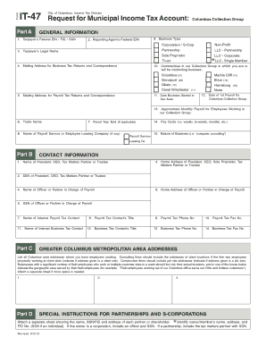 Request for Municipal Income Tax Account Columbus Collection  Form