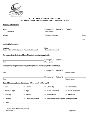 Equal Opportunity Complaint Form City Colleges of Chicago