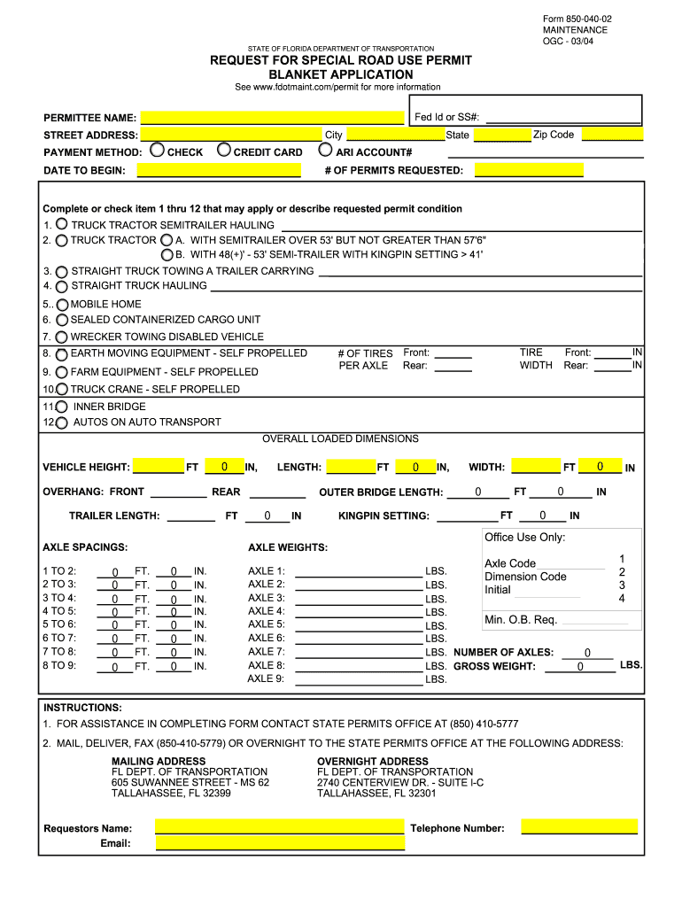  Request for Special Road Use Permit Blanket Application Form 2004