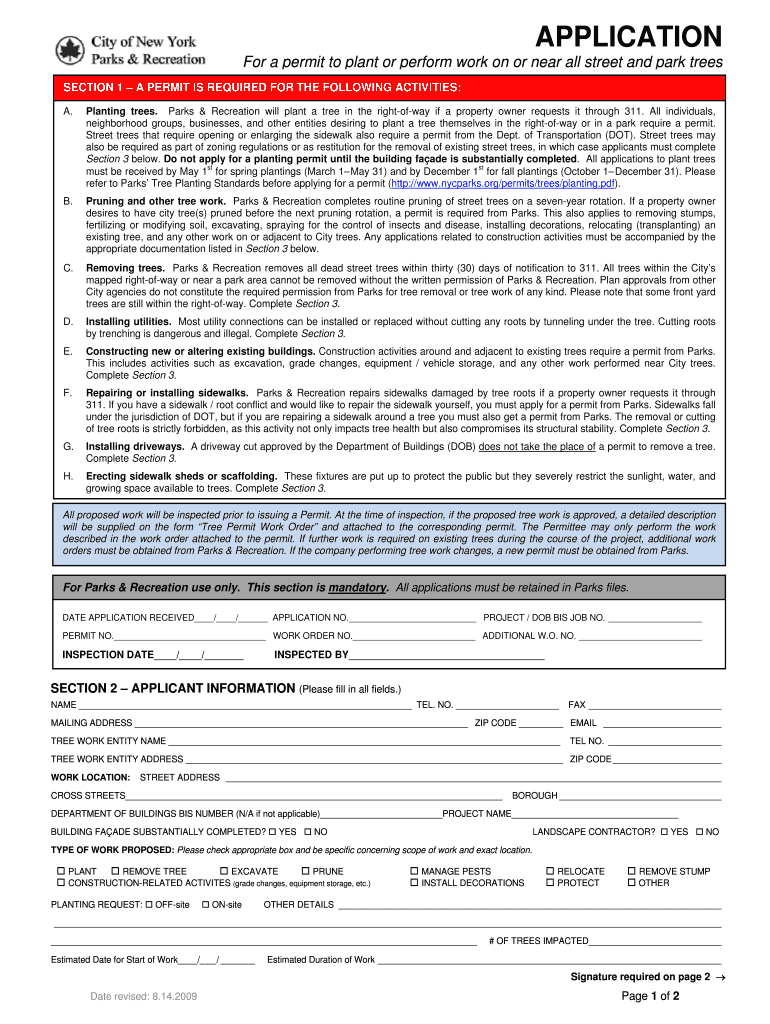 TREE WORK PERMIT  Nycgovparks  Form