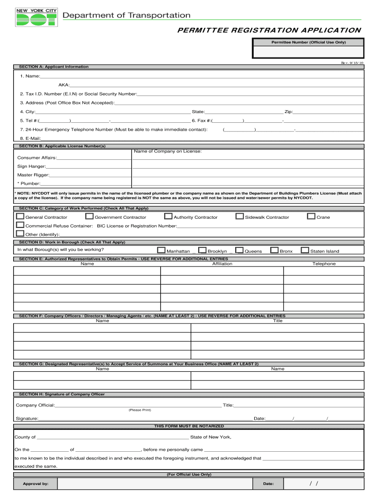 Nyc Dot Permittee Registration Application  Form