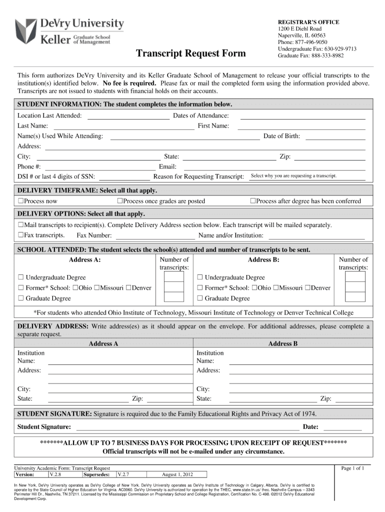 Devry Transcript Request Form