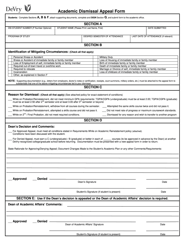  Where to Submit Devry Academic Dismissal Appeal Form 2007-2024
