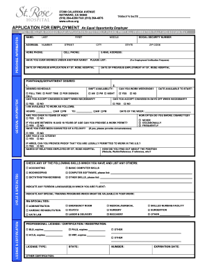 APPLICATION for EMPLOYMENT an Equal St Rose Hospital Strosehospital  Form