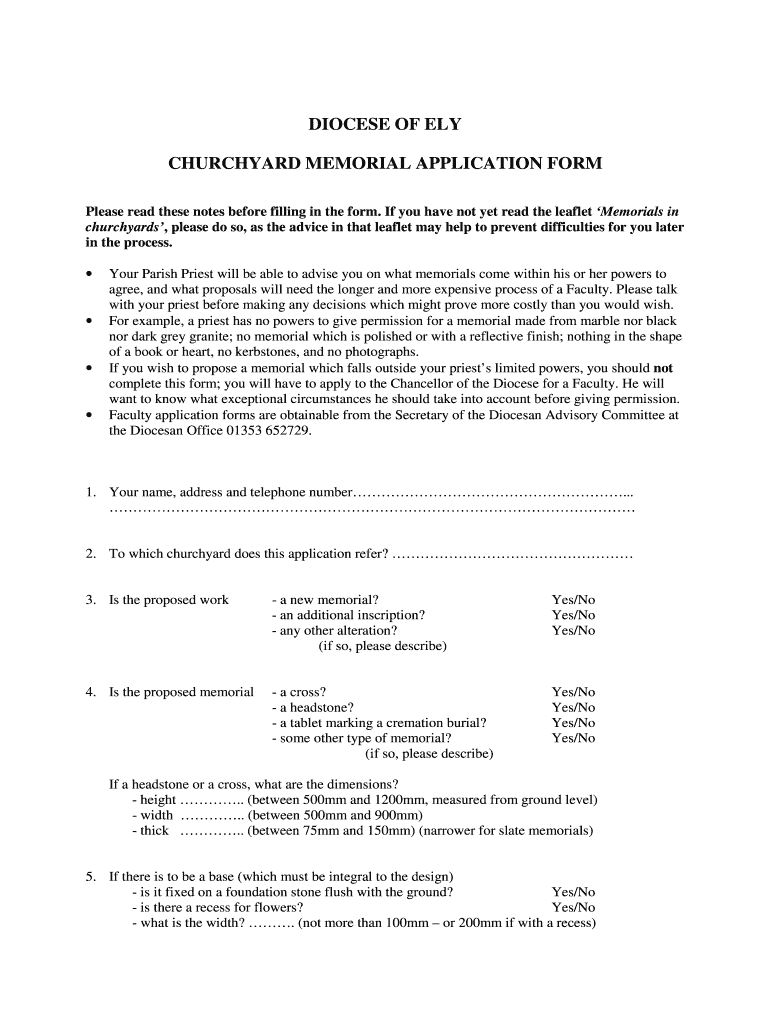 Churchyard Memorial Application Form  the Diocese of Ely