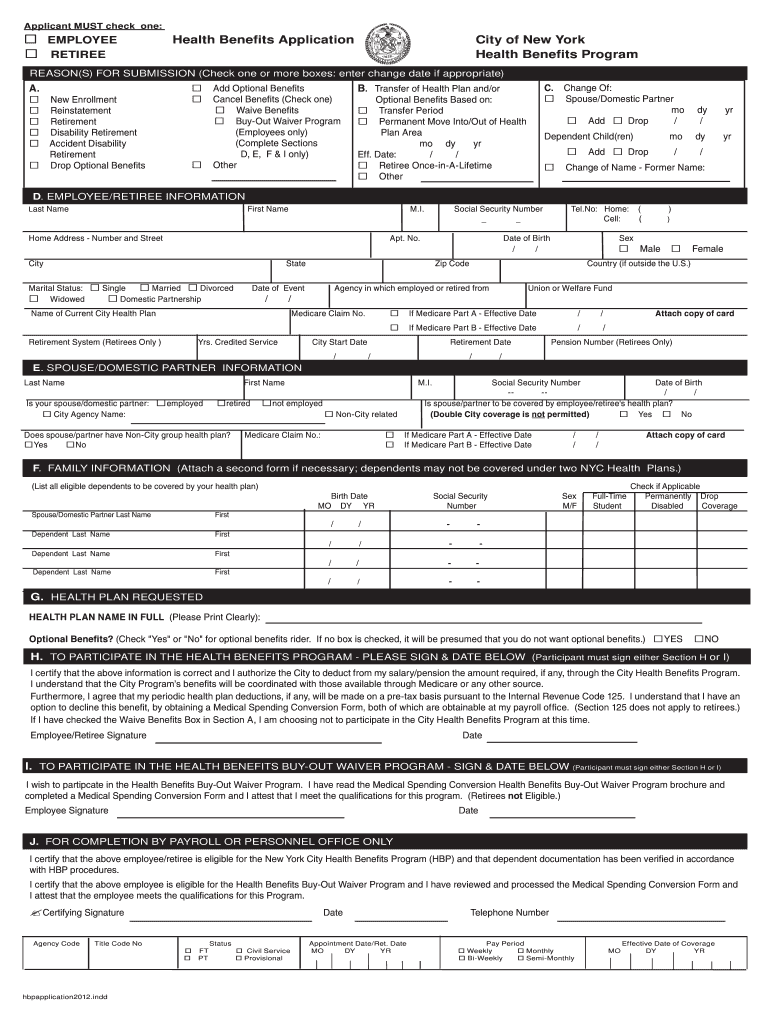 Get and Sign City of New York Health Benefits Application Fillable  Form 2012