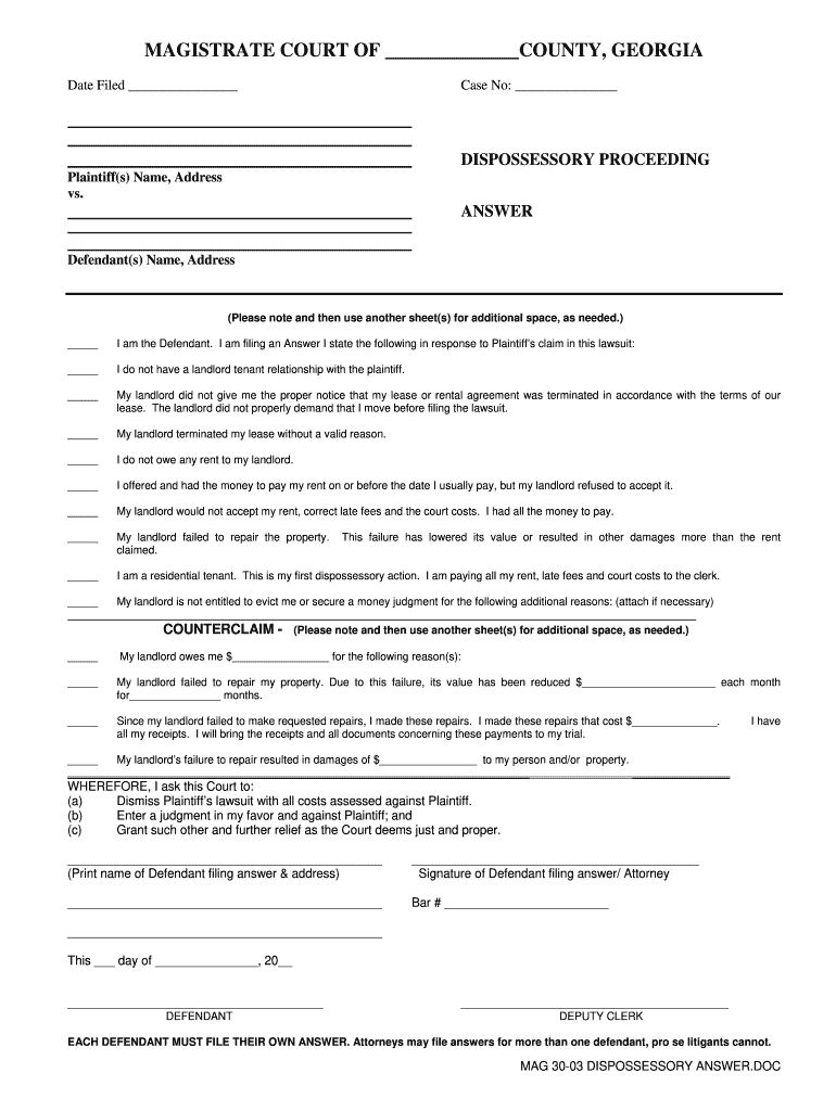 How to Answer a Dispossessory Warrant Online  Form