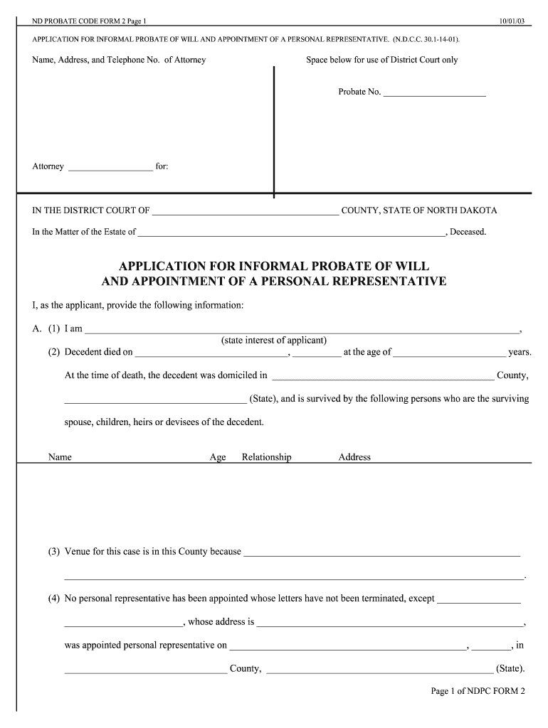  ND PROBATE CODE FORM 2 Page 1  Ndcourts 2003-2024