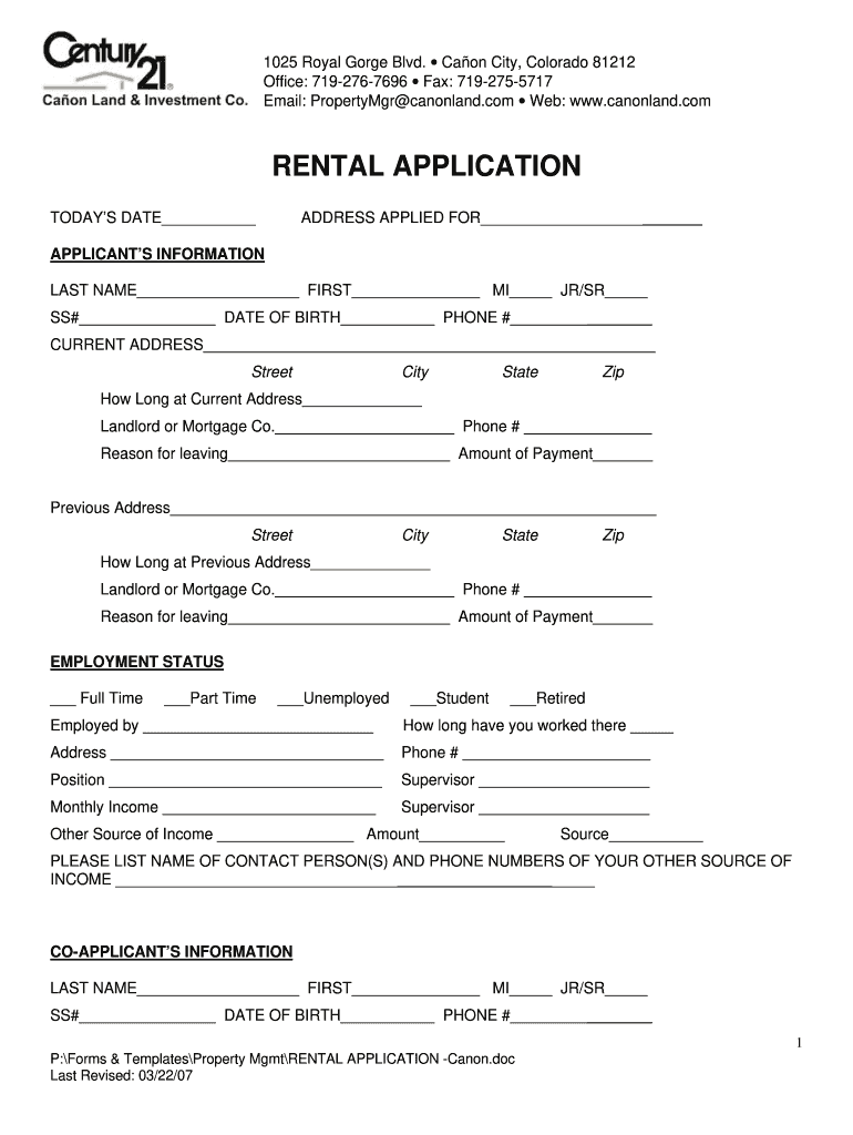  Century 21 Rental Application 2007-2024