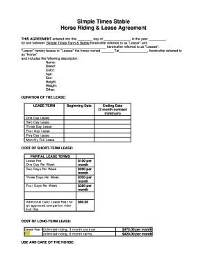 Horse Lease Agreement Word Document  Form