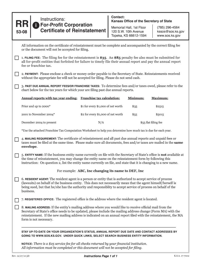  Kansas Secretary of State Corporations Rr Form 2010