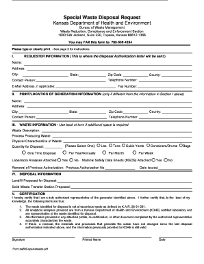 Kdhe Special Waste Disposal Request  Form