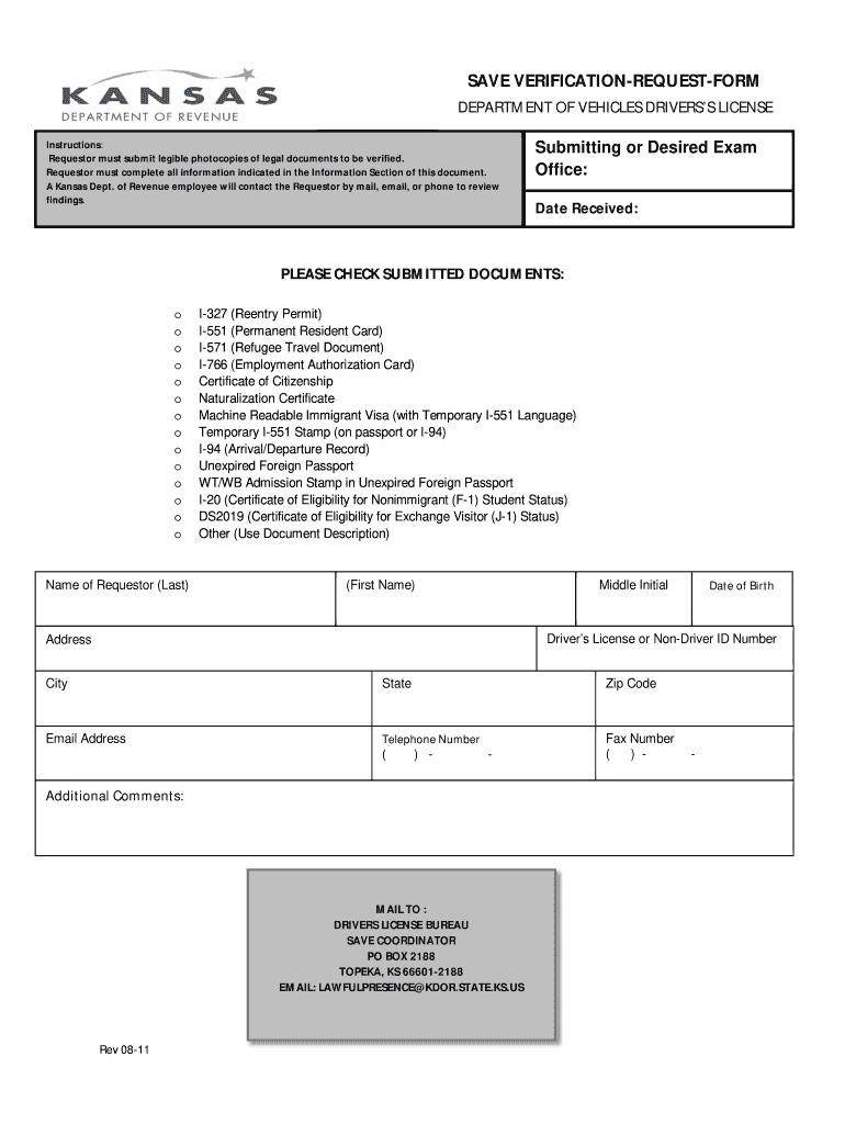  Kansas Dmv Save Verification Form 2011