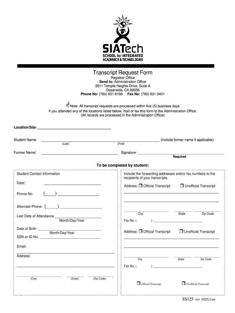 Transcript Request Form  SIATech  Siatech