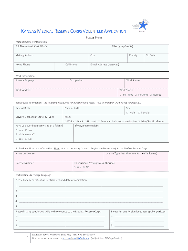 KANSAS MEDICAL RESERVE CORPS VOLUNTEER APPLICATION  Kansasmrc  Form