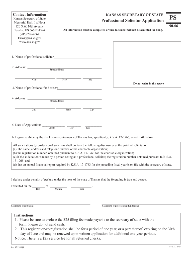 Professional Solicitor Application  Kansas Secretary of State  Sos Ks  Form