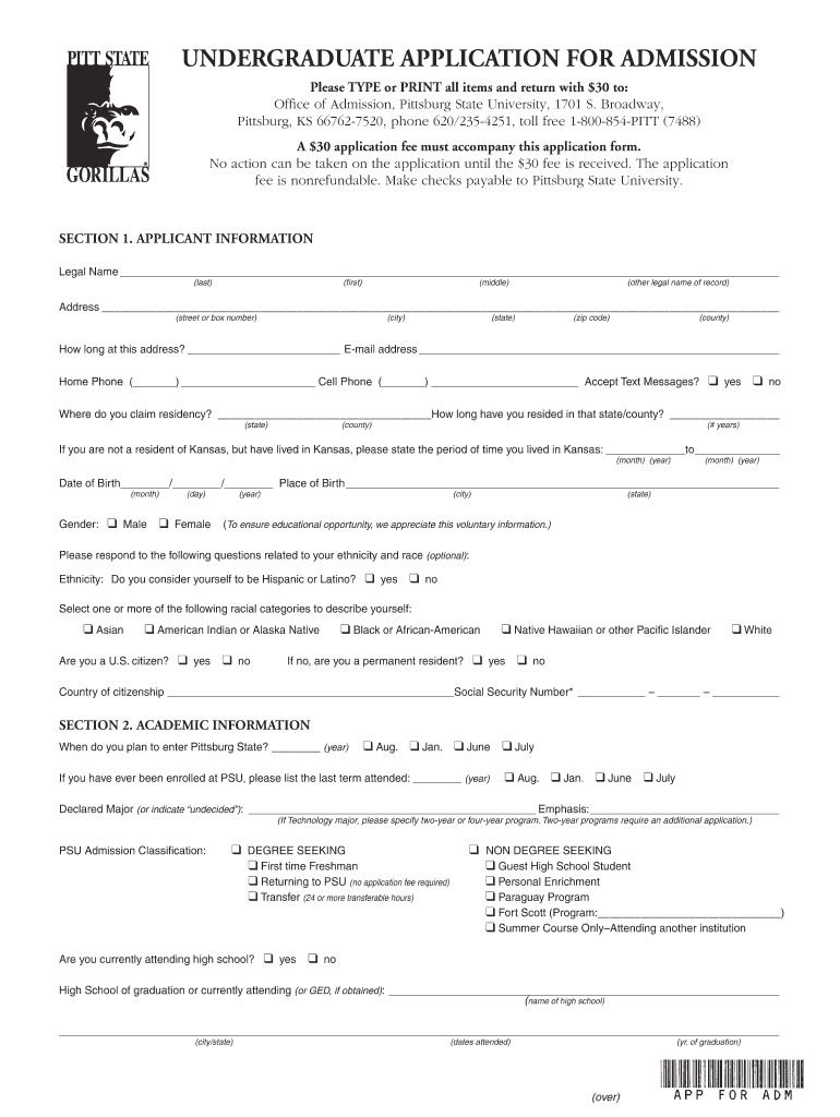 UNDERgRADUATE APPLICATION for ADMISSION  Go Pittstate  Form