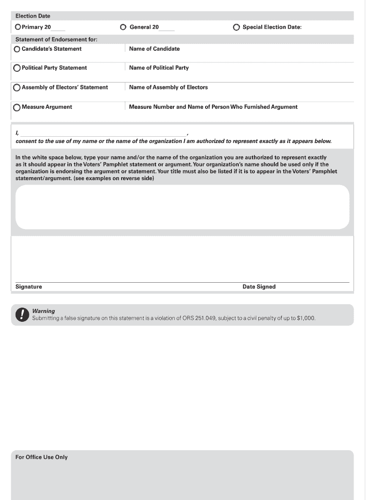 Statement of Endorsement for State Voters&#39; Pamphlet SEL 400 SEL    Oregonvotes  Form