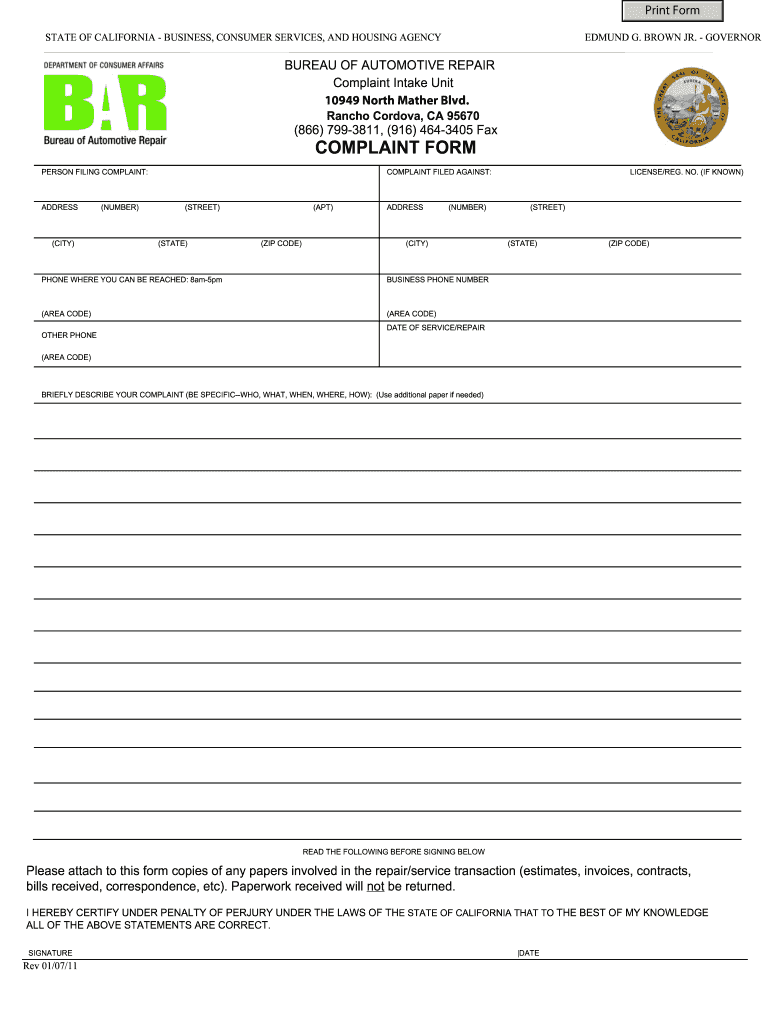 Bureau of Automotive Repair Complaints  Form