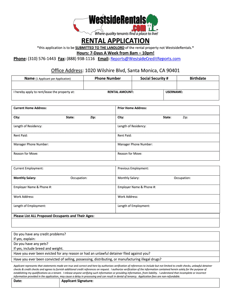 Westside Rentals Application Form