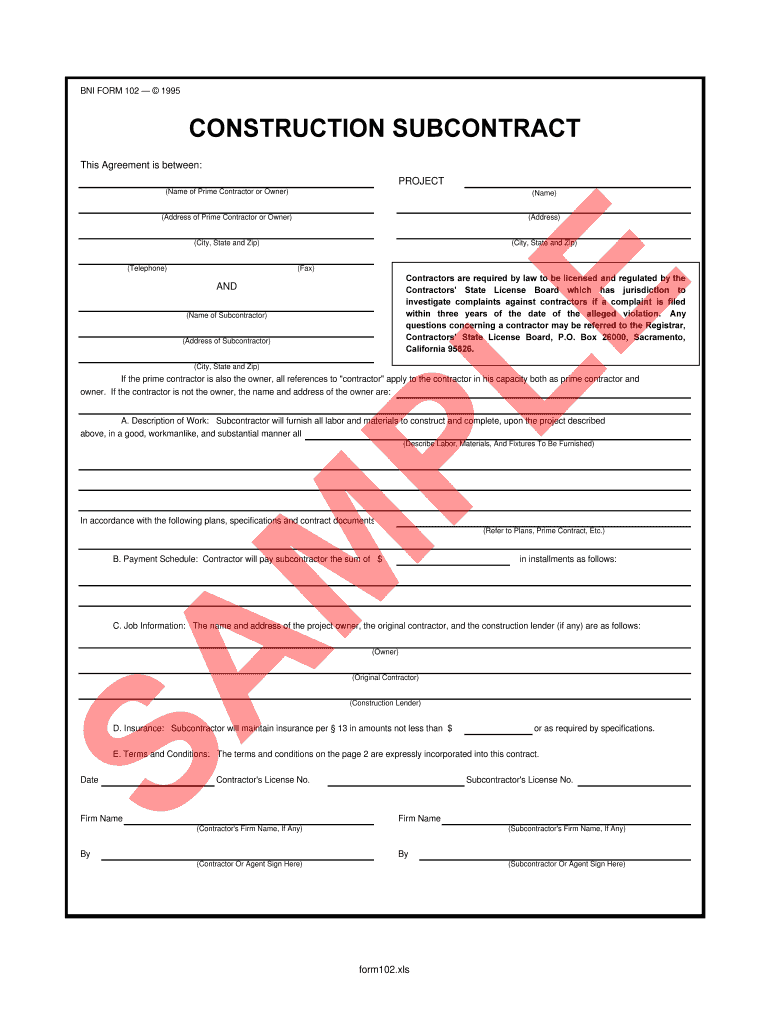 Construction Subcontractor Form 102