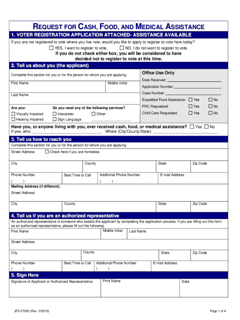 Request for Cash Food and Medical Assistance Form