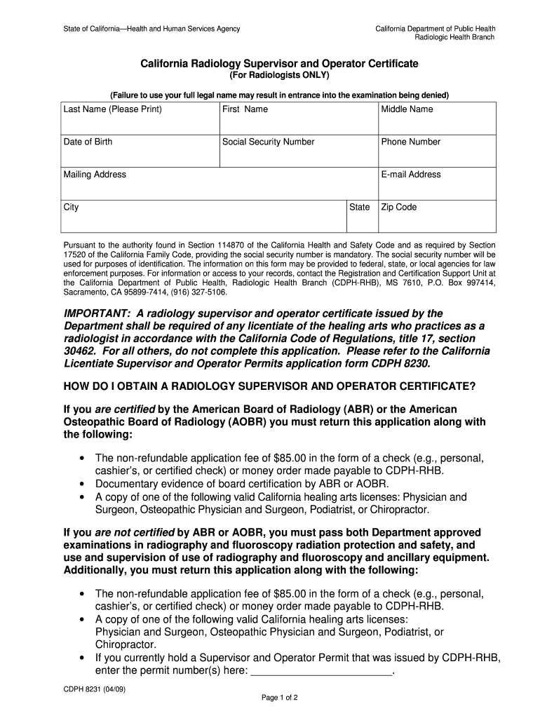  California X Ray License  Form 2009