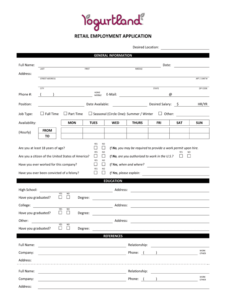 Yogurtland Application  Form