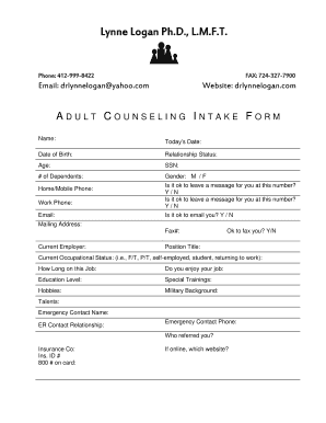 Counseling Intake Client Patient  Form