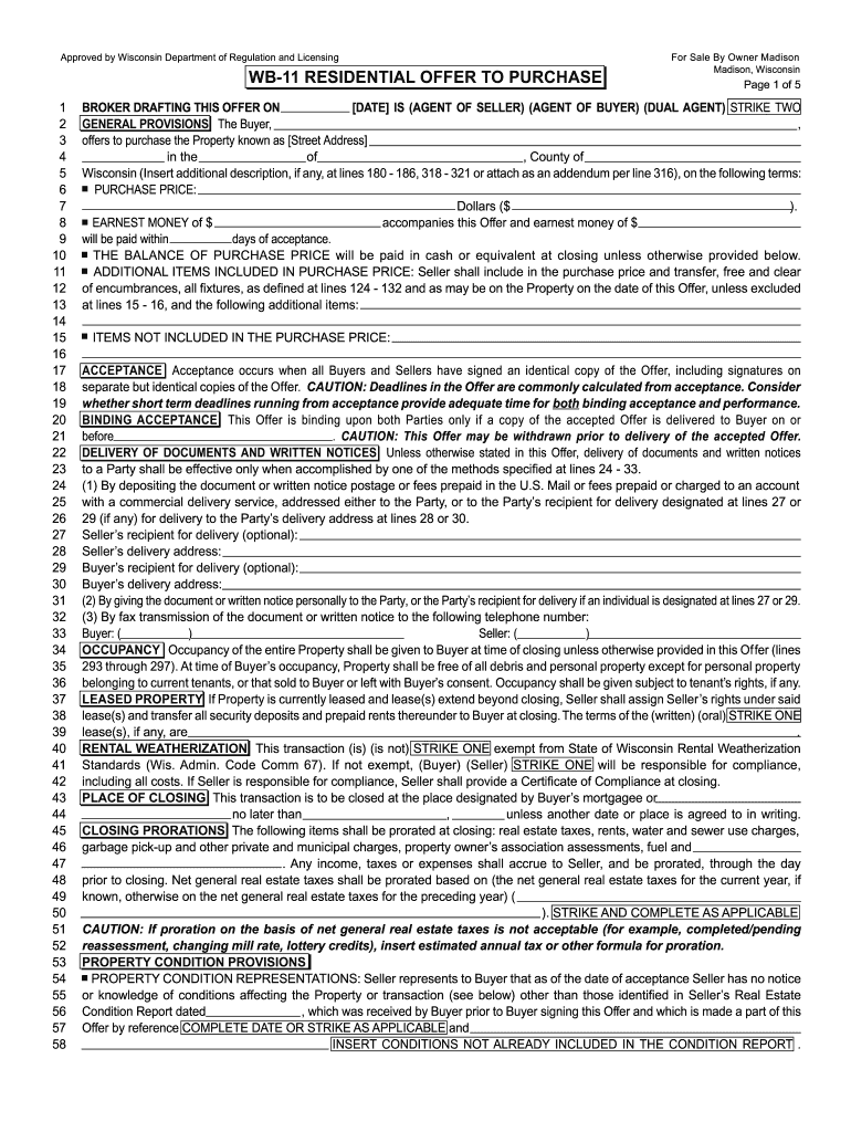 Fillable PDF Wb 11 Offer to Purchase Wisconsin  Form