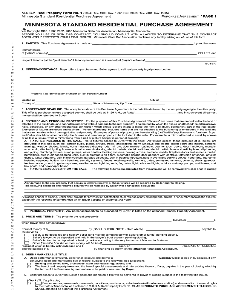 Minnesota Standard Residential Purchase Agreement  Form