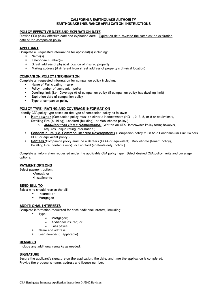  Cea Earthquake Insurance Application 2012-2024